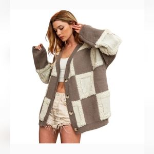 Mocha brown checkered v-neck  cardigan sweater